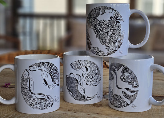 Set of all 4 Doodle Design Round Mugs