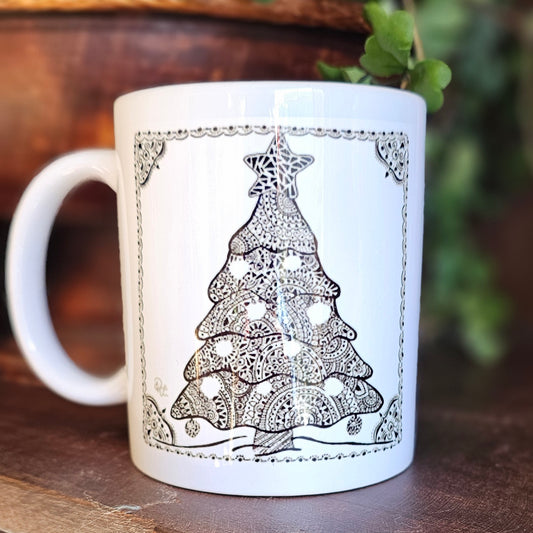 Single Doodle Design Round Mug - Christmas Tree