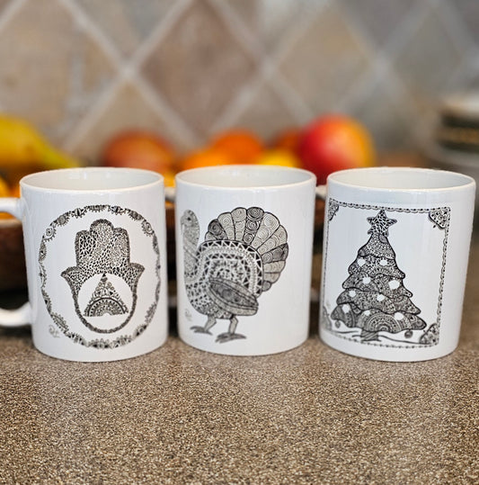 Set of 3 Single Doodle Design Round Mugs - Holiday Edition