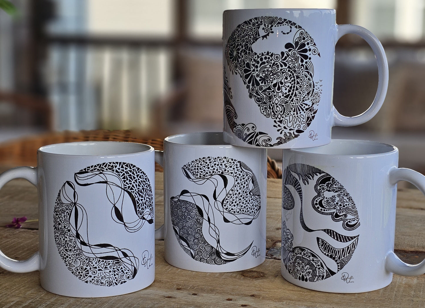 Single Doodle Design Round Mugs - Complete Set