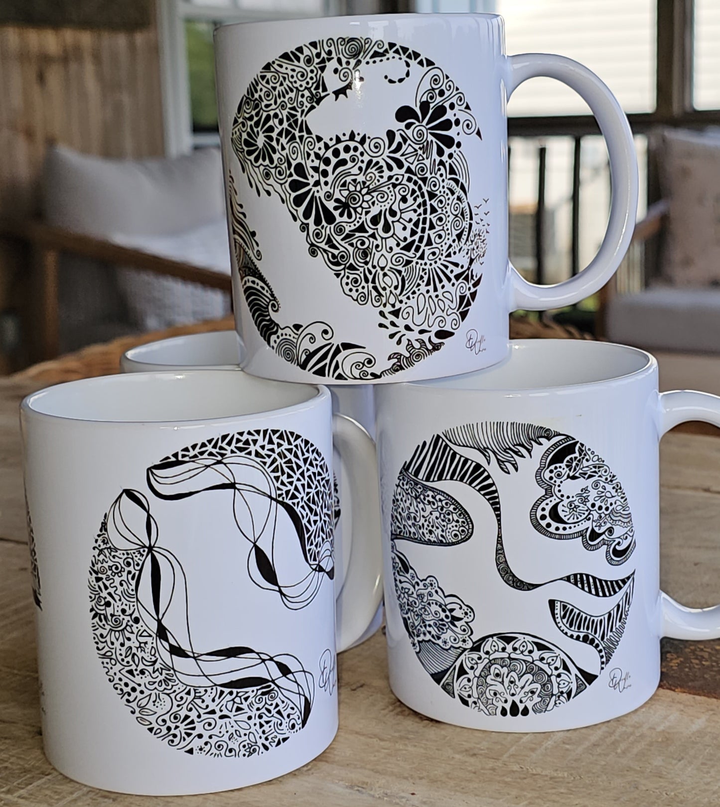 Set of all 4 Doodle Design Round Mugs