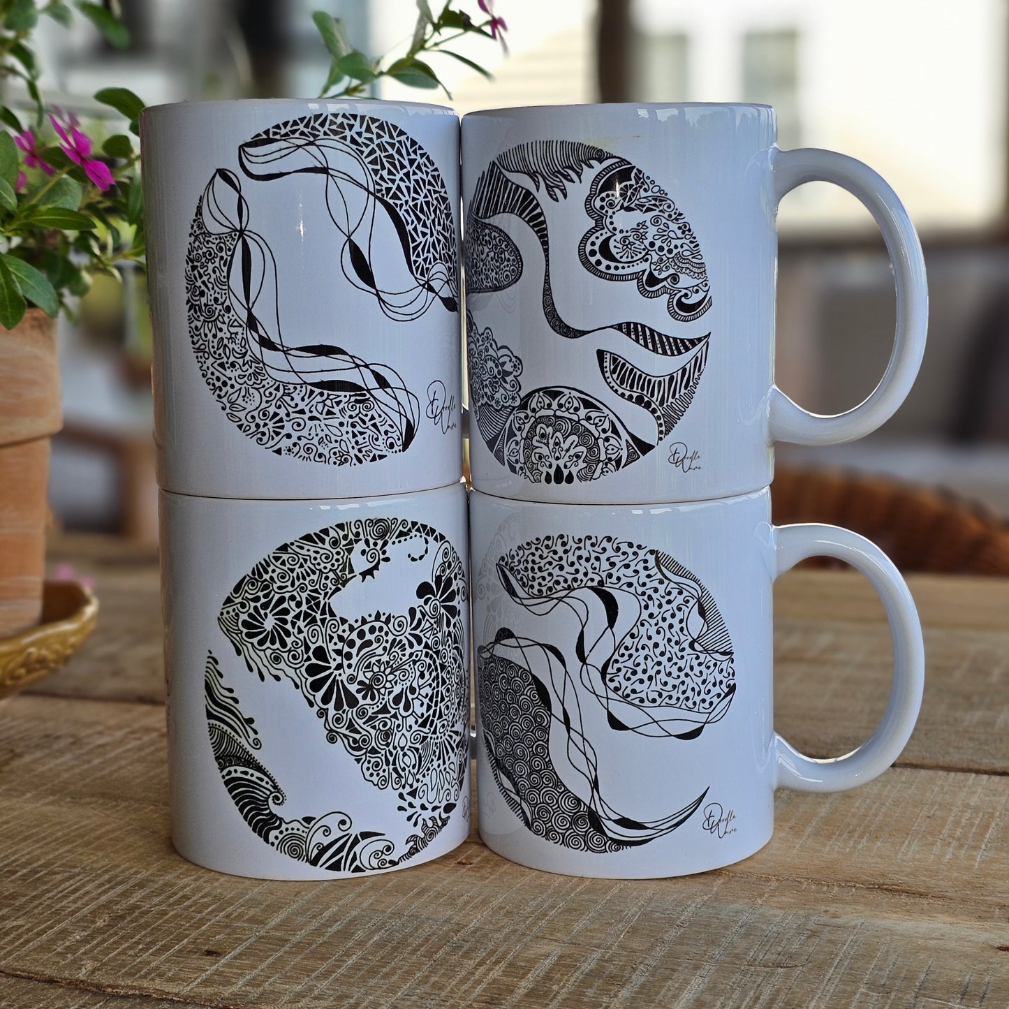 Set of all 4 Doodle Design Round Mugs