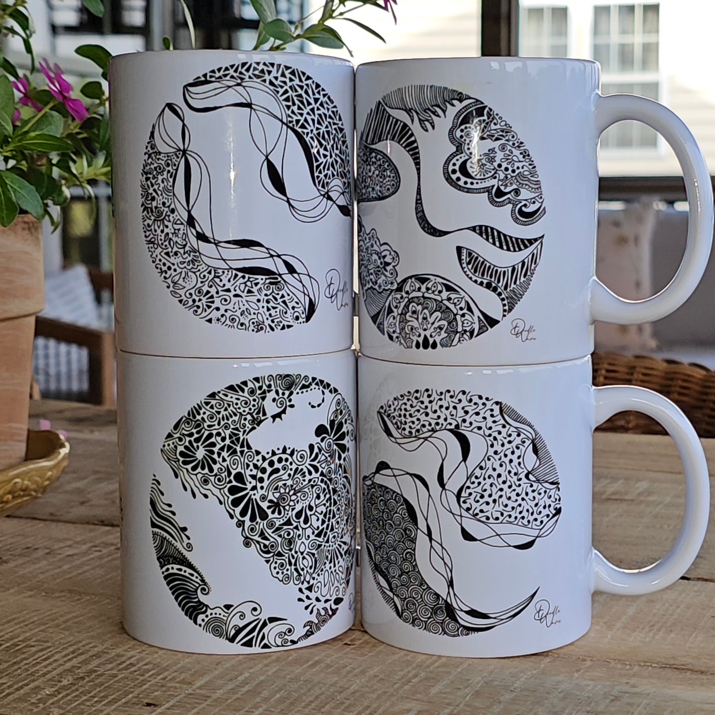 Set of all 4 Doodle Design Round Mugs