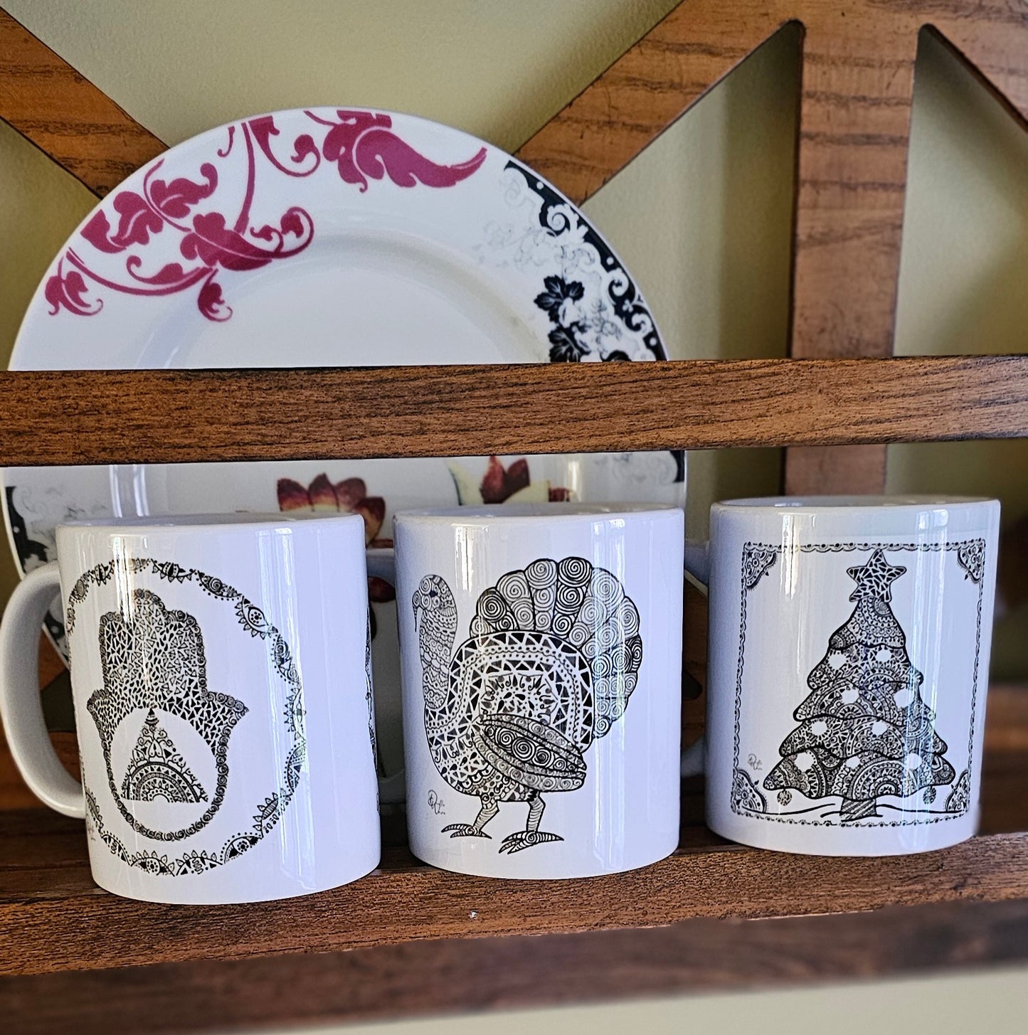 Set of 3 Single Doodle Design Round Mugs - Holiday Edition