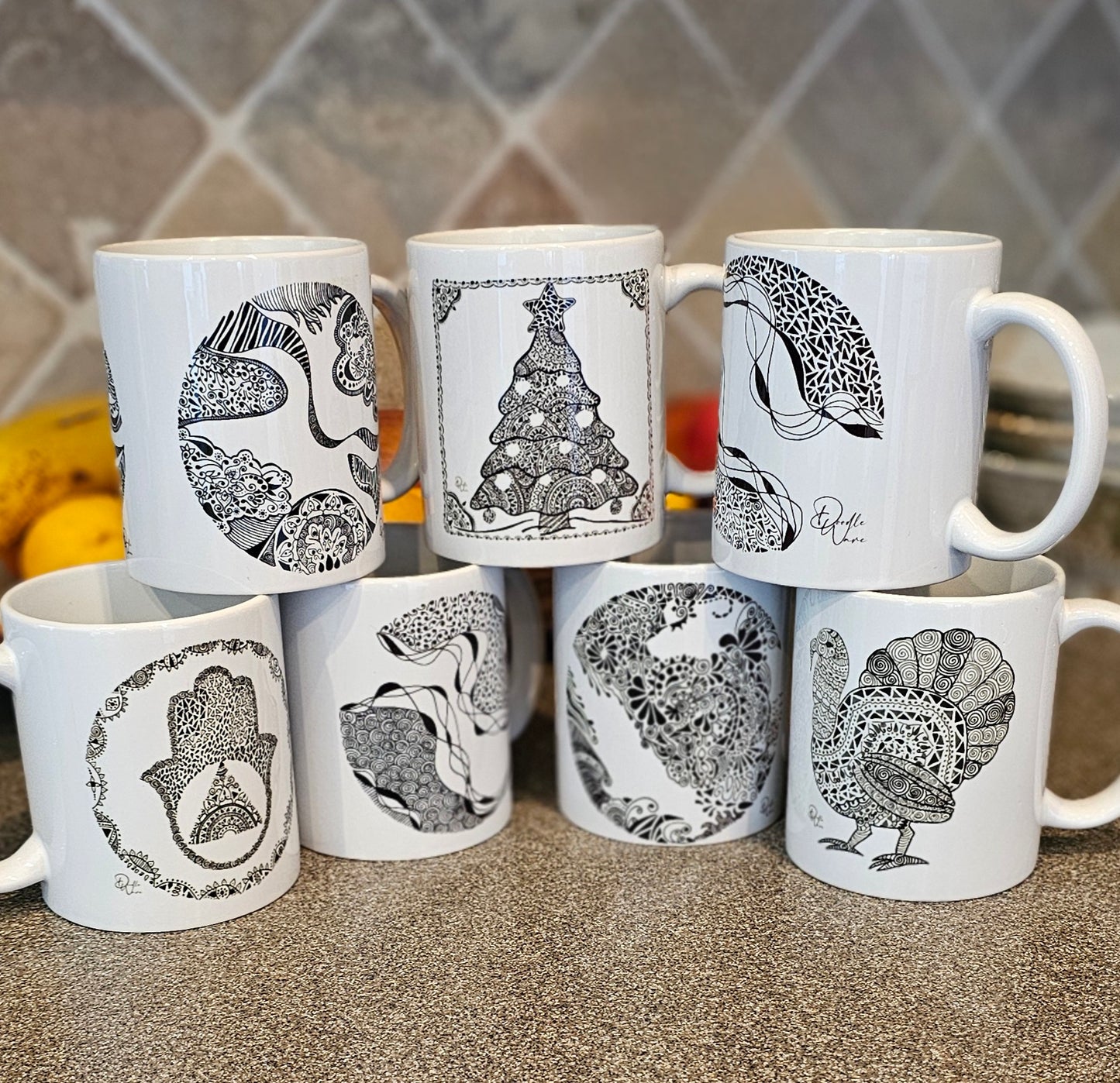 Single Doodle Design Round Mugs - Complete Set