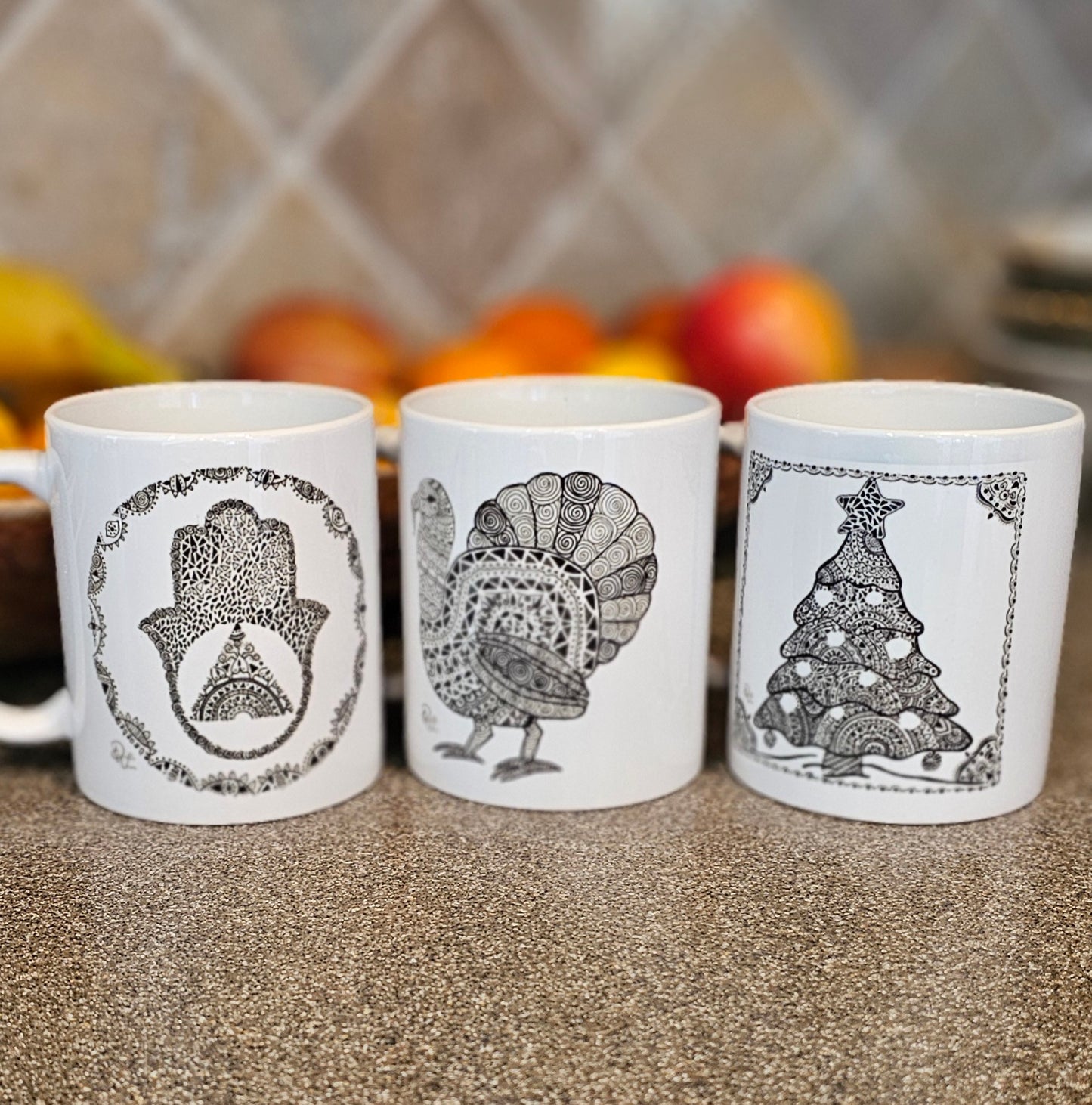 Single Doodle Design Round Mugs - Complete Set